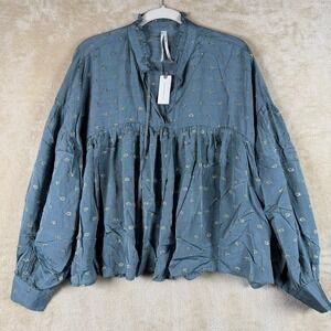 Anthropologie NWT Blue Metallic Polka Dot Ruffle High Neck Billow Slv Blouse M